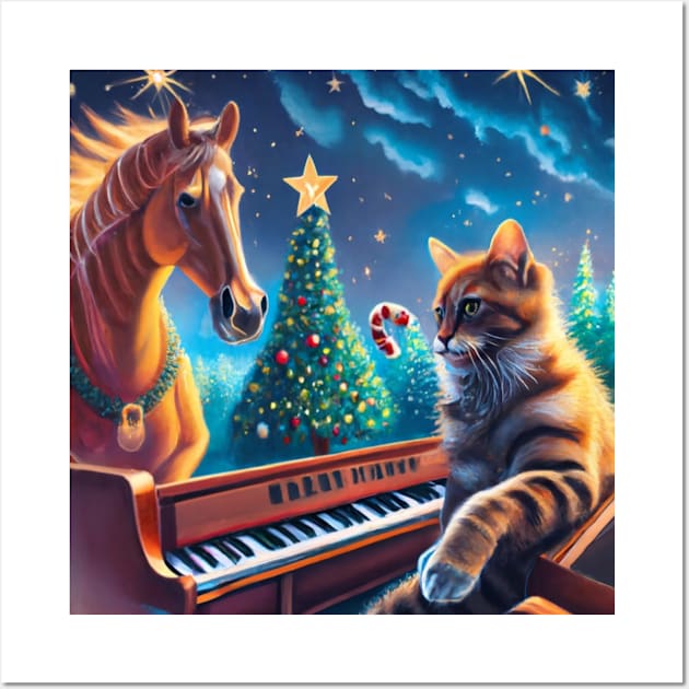 Christmas tree horse cat playing piano Wall Art by Catbrat